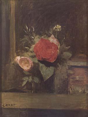 Jean Baptiste Camille  Corot Bouquet de fleurs dans un verre a cote d'un pot a tabac (mk11)